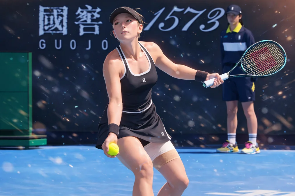 Oksana Selekhmeteva preparing to serve during her second-round win over Paula Badosa at the 2026 Australian Open on a bright blue hard court.