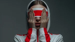 Polish tennis fan covering her eyes with a red and white blindfold, reacting emotionally to Iga Swiatek’s tough Australian Open 2026 draw