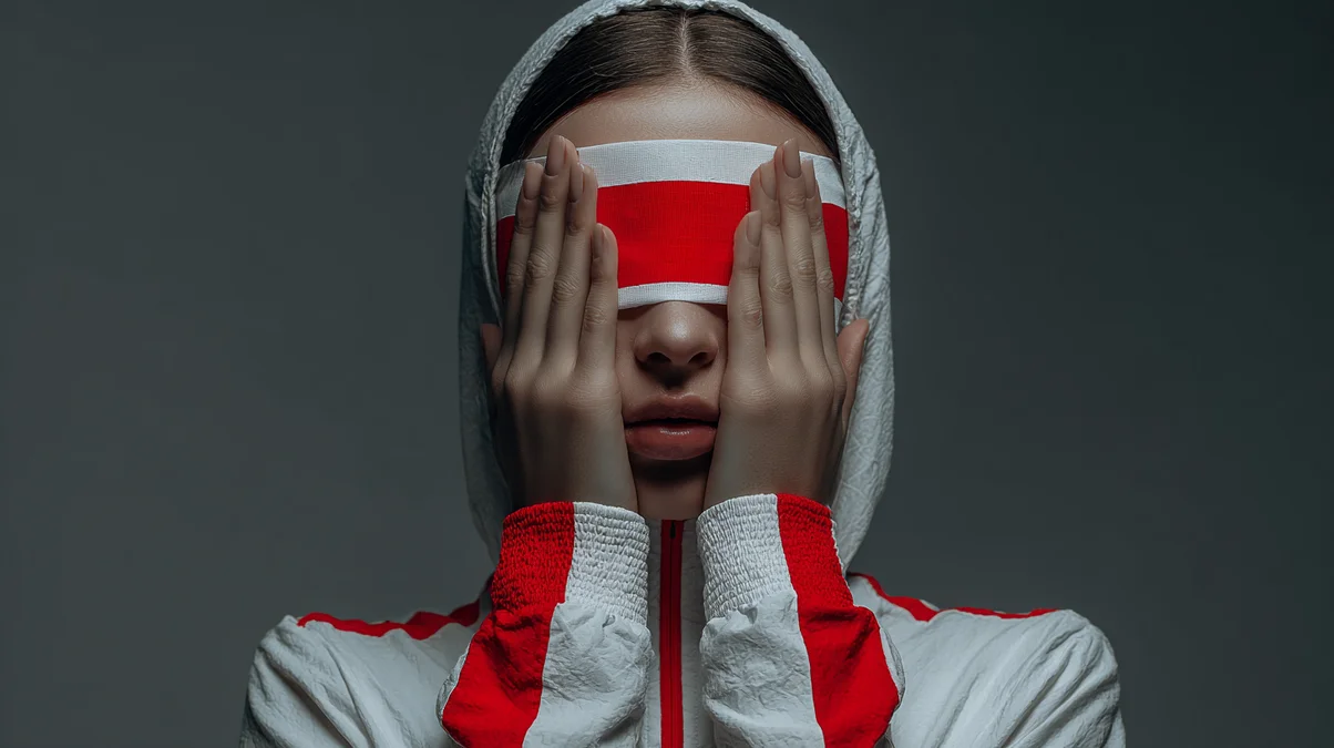 Polish tennis fan covering her eyes with a red and white blindfold, reacting emotionally to Iga Swiatek’s tough Australian Open 2026 draw