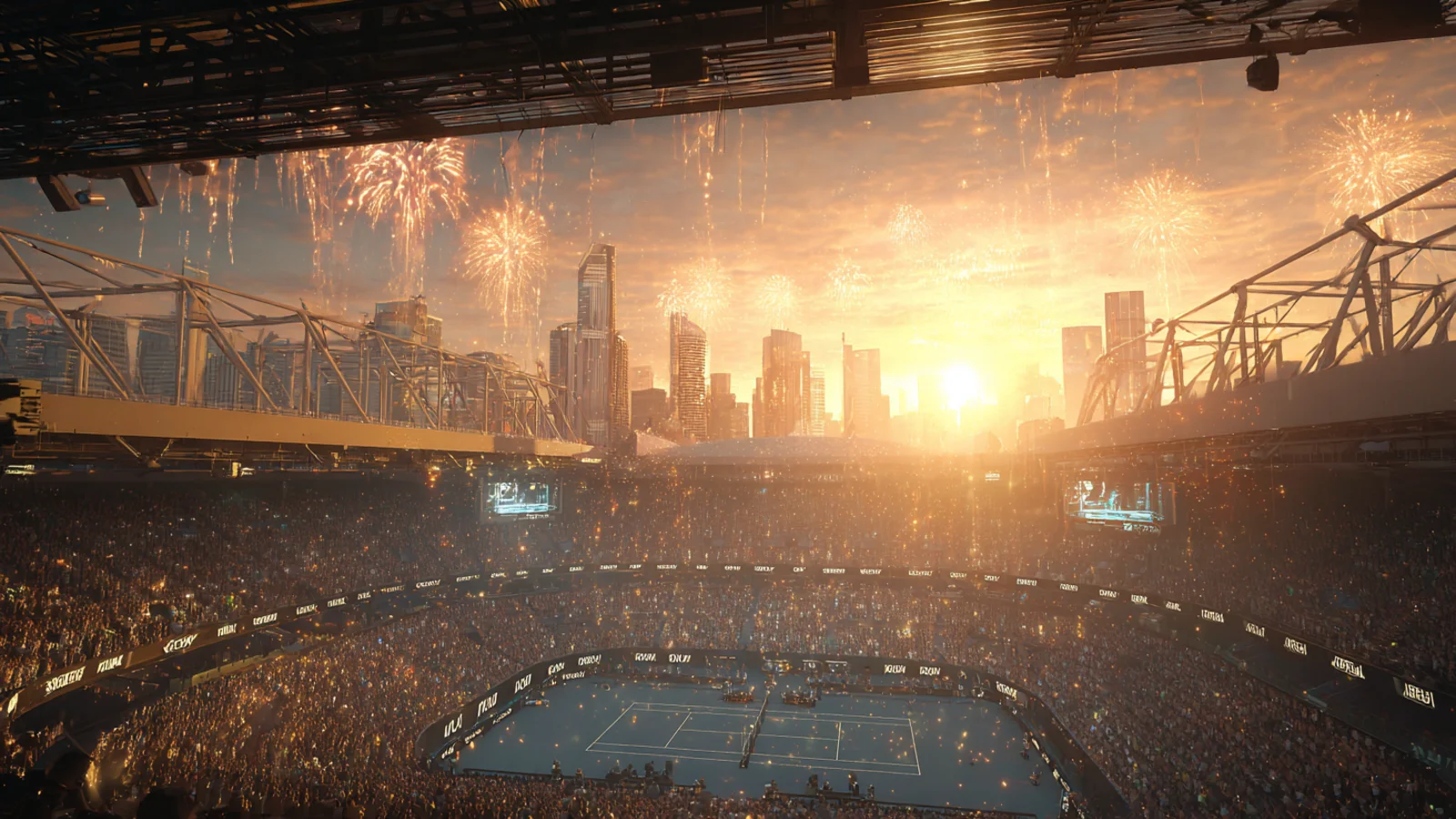 Wide view of Rod Laver Arena at the Australian Open in Melbourne, packed crowd around the blue court at sunset with fireworks and the city skyline behind the stadium.
