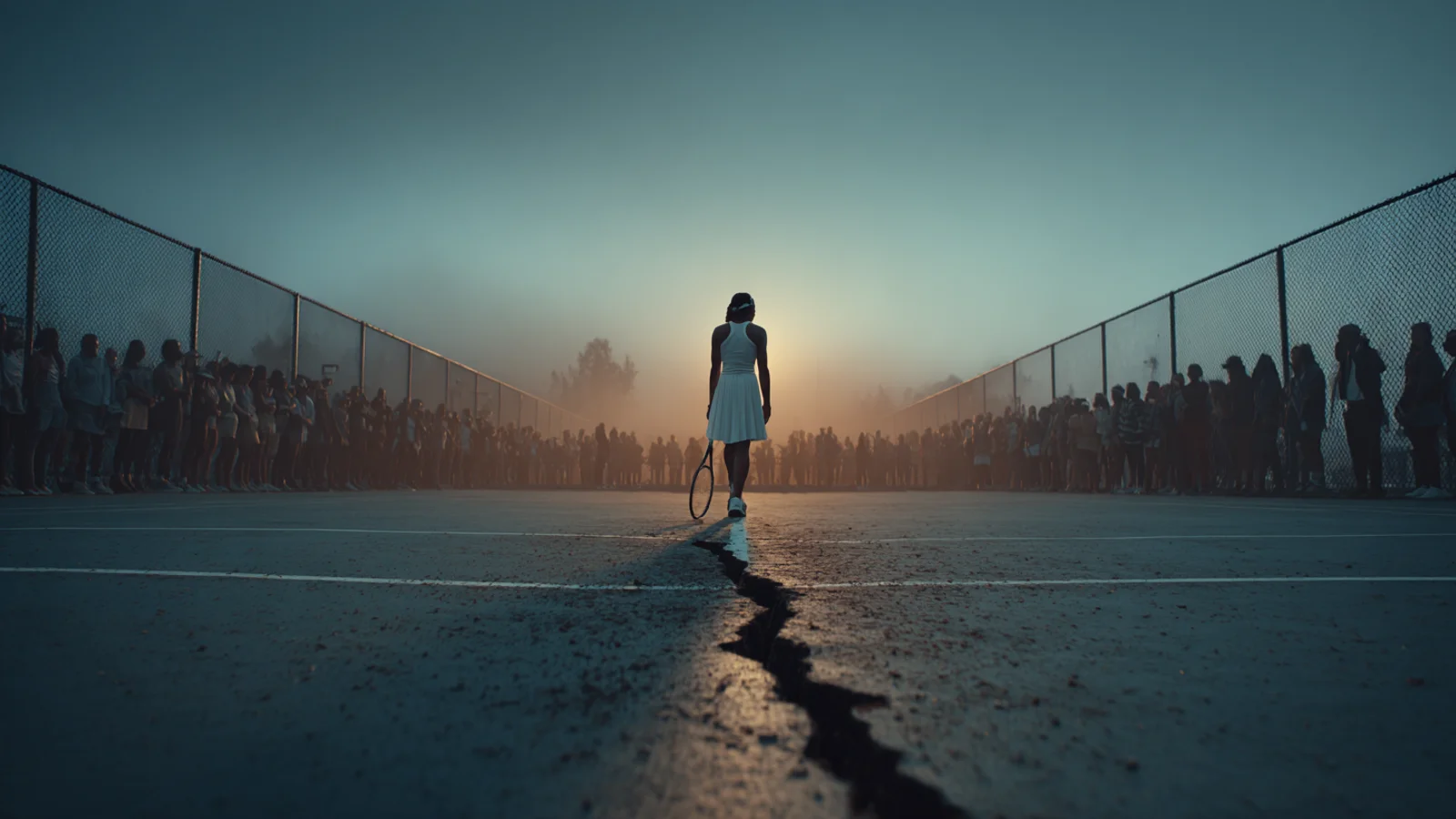Lone tennis player walks down a cracked outdoor court at dusk, crowds lining both sides behind chain-link fences in hazy backlight.