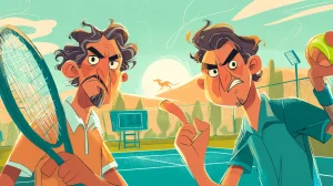 Illustrated scene of two intense tennis fans arguing on an outdoor hard court with rackets raised and a sunlit Australian backdrop