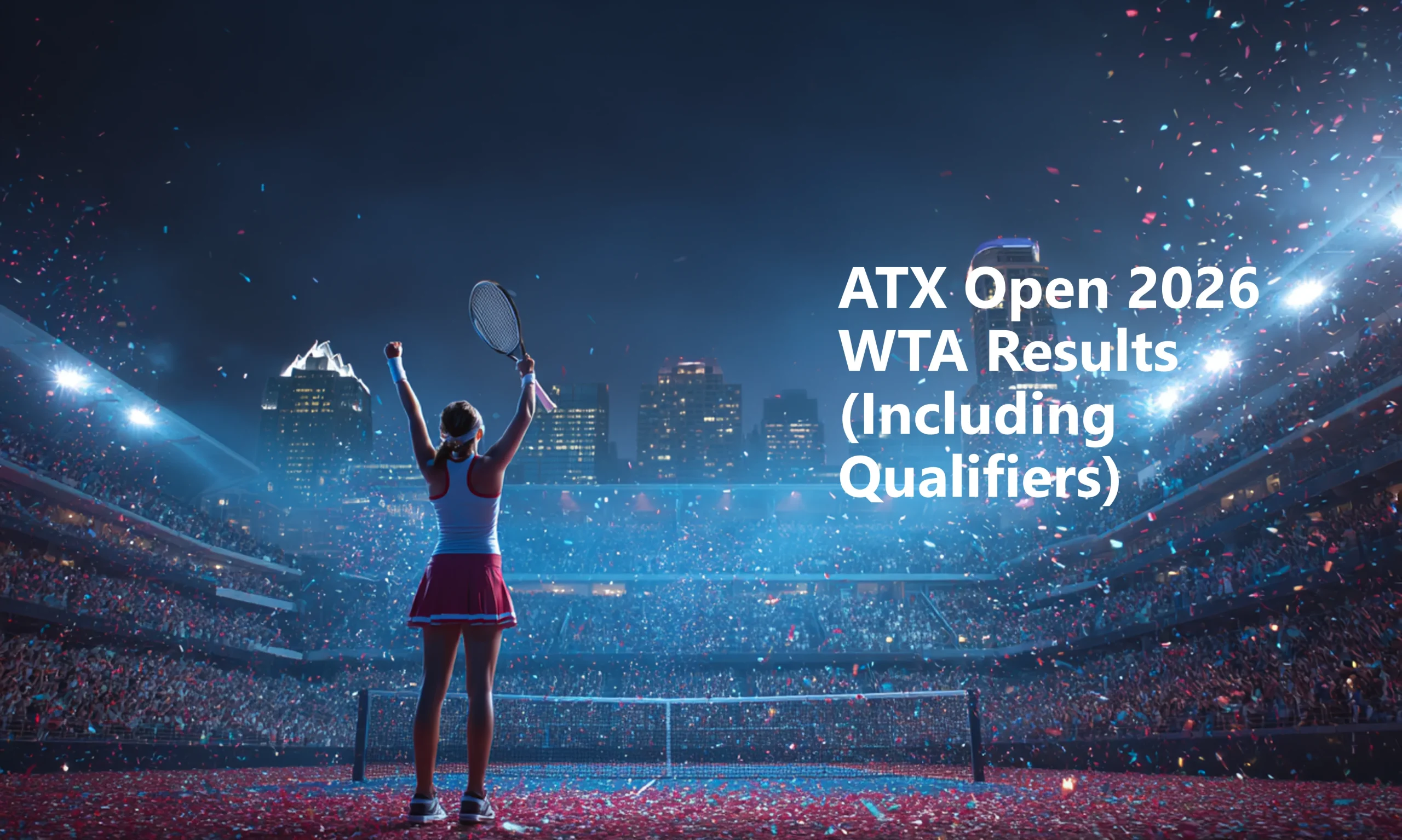 Female tennis player celebrating victory at the ATX Open 2026 WTA tournament in Austin, Texas, with confetti falling and city skyline visible behind a packed night stadium.