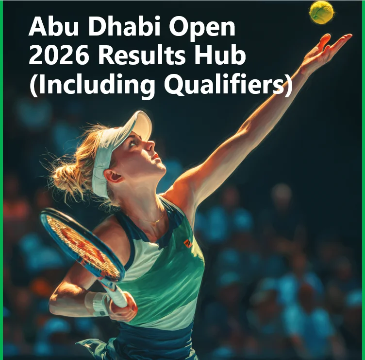 Abu Dhabi Open 2026 Results Hub banner featuring a tennis player serving under stadium lights with headline text “Abu Dhabi Open 2026 Results Hub (Including Qualifiers)”