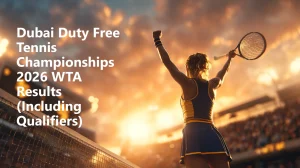 Dubai Duty Free Tennis Championships 2026 WTA results graphic showing a female tennis player celebrating victory at sunset in a packed stadium.
