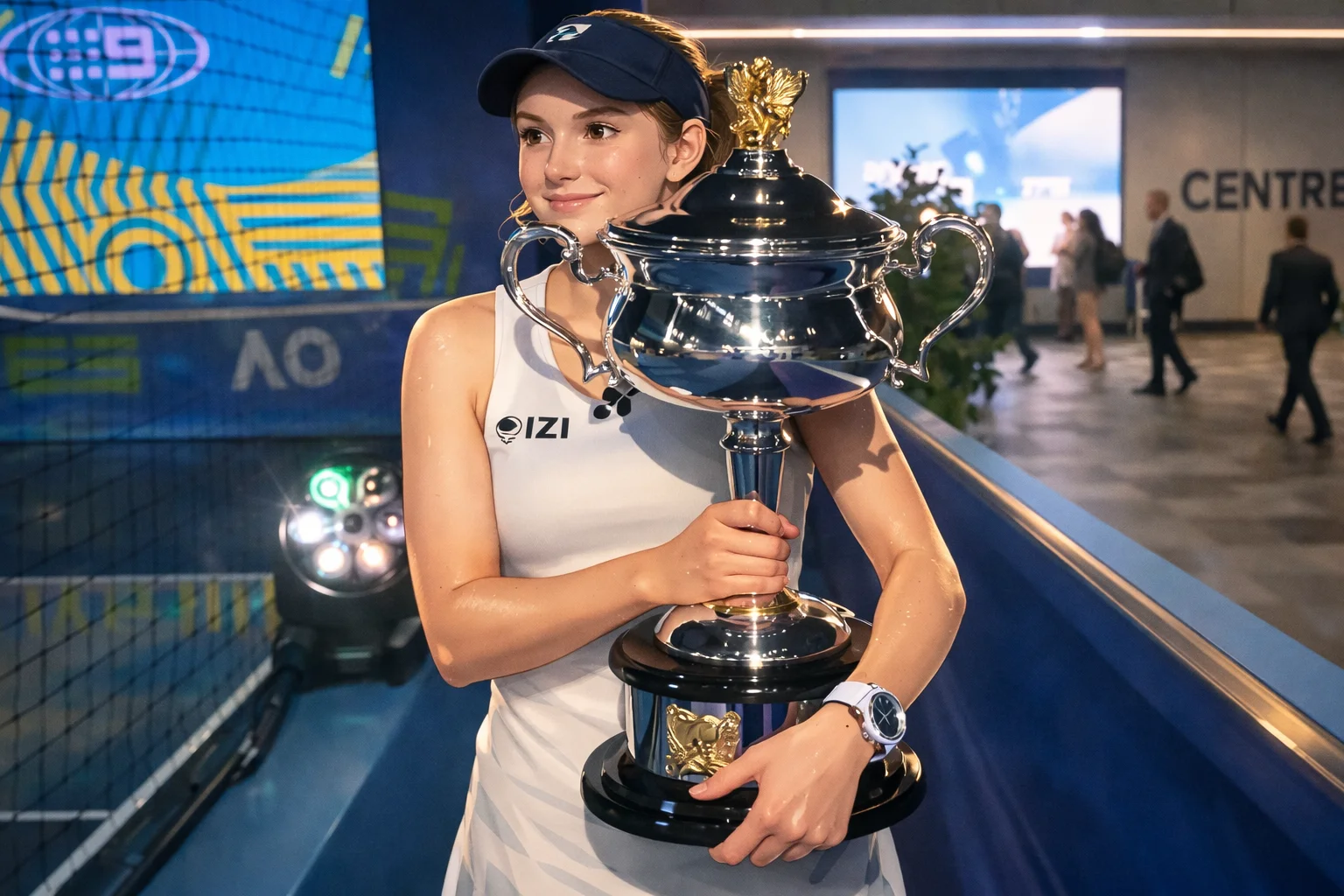 Elena Rybakina carrying the Australian Open 2026 Trophy outside Rod Laver