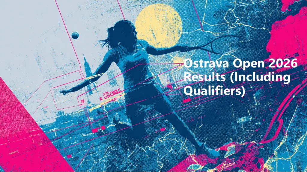 Ostrava Open 2026 results banner showing a tennis player silhouette hitting a shot over a stylized city-map background with neon blue and pink colors and the text Ostrava Open 2026 Results (Including Qualifiers)