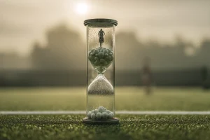 Hourglass filled with tennis balls on a grass tennis court at sunrise, with a female player silhouette inside the top chamber and a blurred stadium background.
