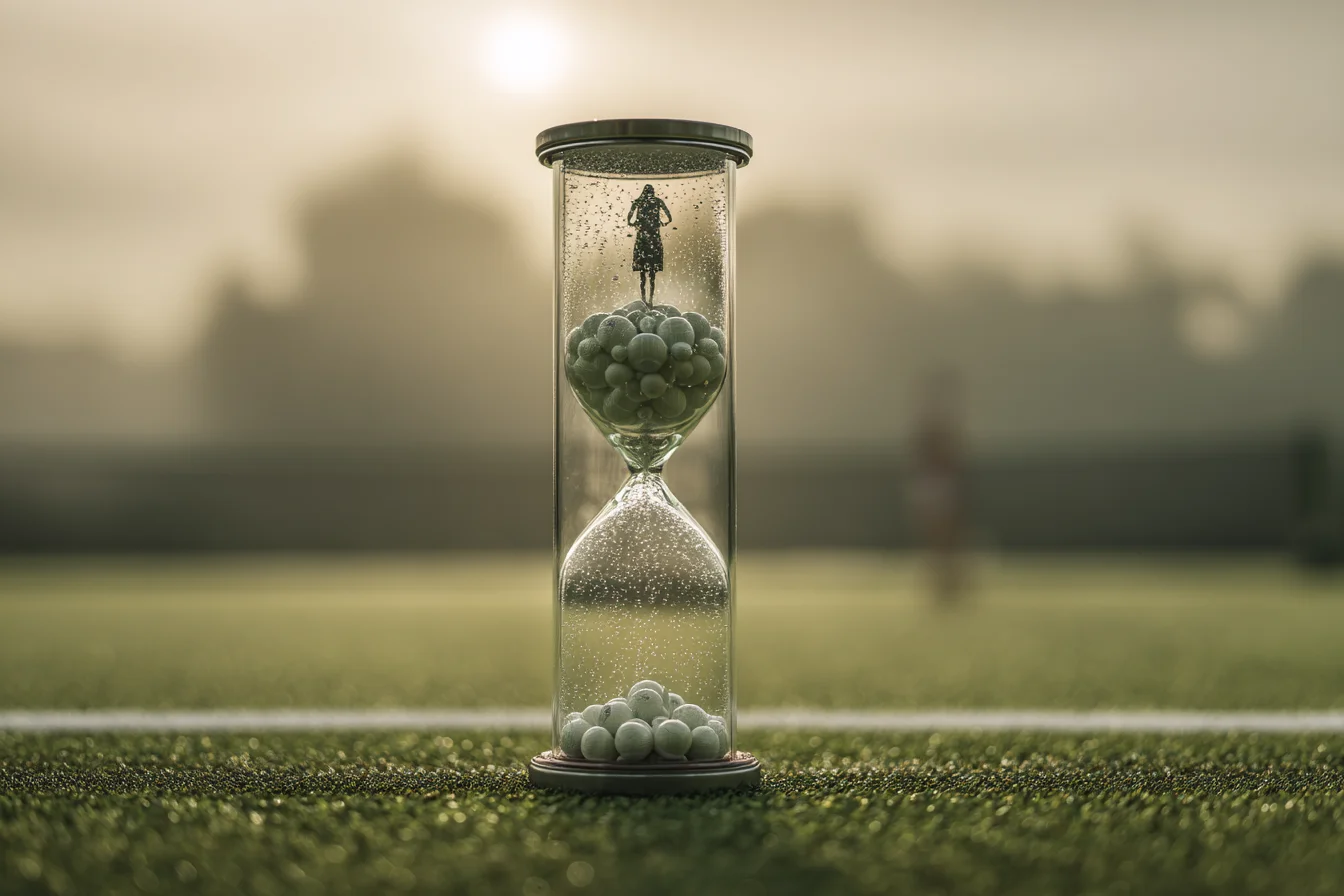 Hourglass filled with tennis balls on a grass tennis court at sunrise, with a female player silhouette inside the top chamber and a blurred stadium background.