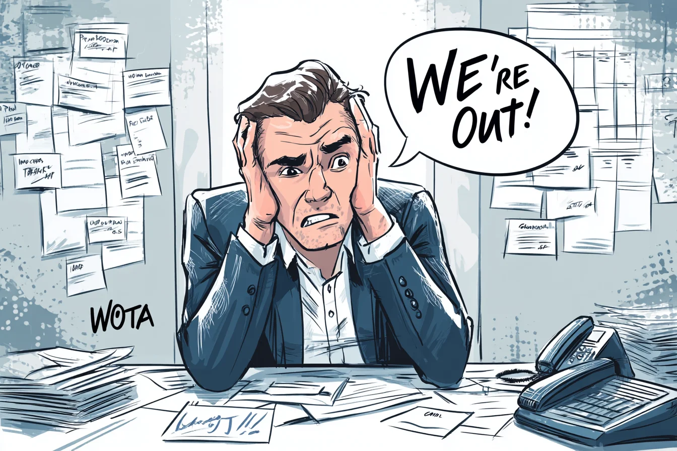 Stressed WTA tournament director sitting at a cluttered office desk with head in hands as speech bubble reads “We’re Out!” after players withdraw from tennis event.