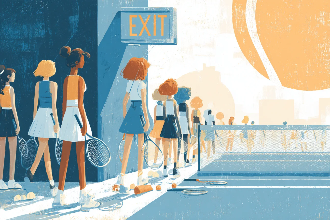 Women tennis players walk toward an exit from a tennis court, carrying rackets as others remain behind, symbolizing withdrawals from Middle East tournaments.