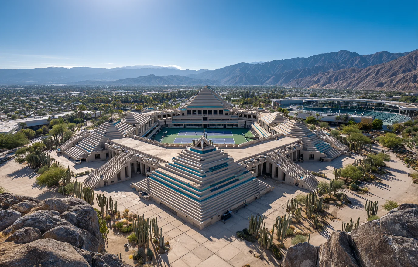 Aerial view of Indian Wells Tennis Garden in California featuring pyramid-inspired stadium architecture and desert landscape, highlighting tennis as the highest-paying sport for female athletes.