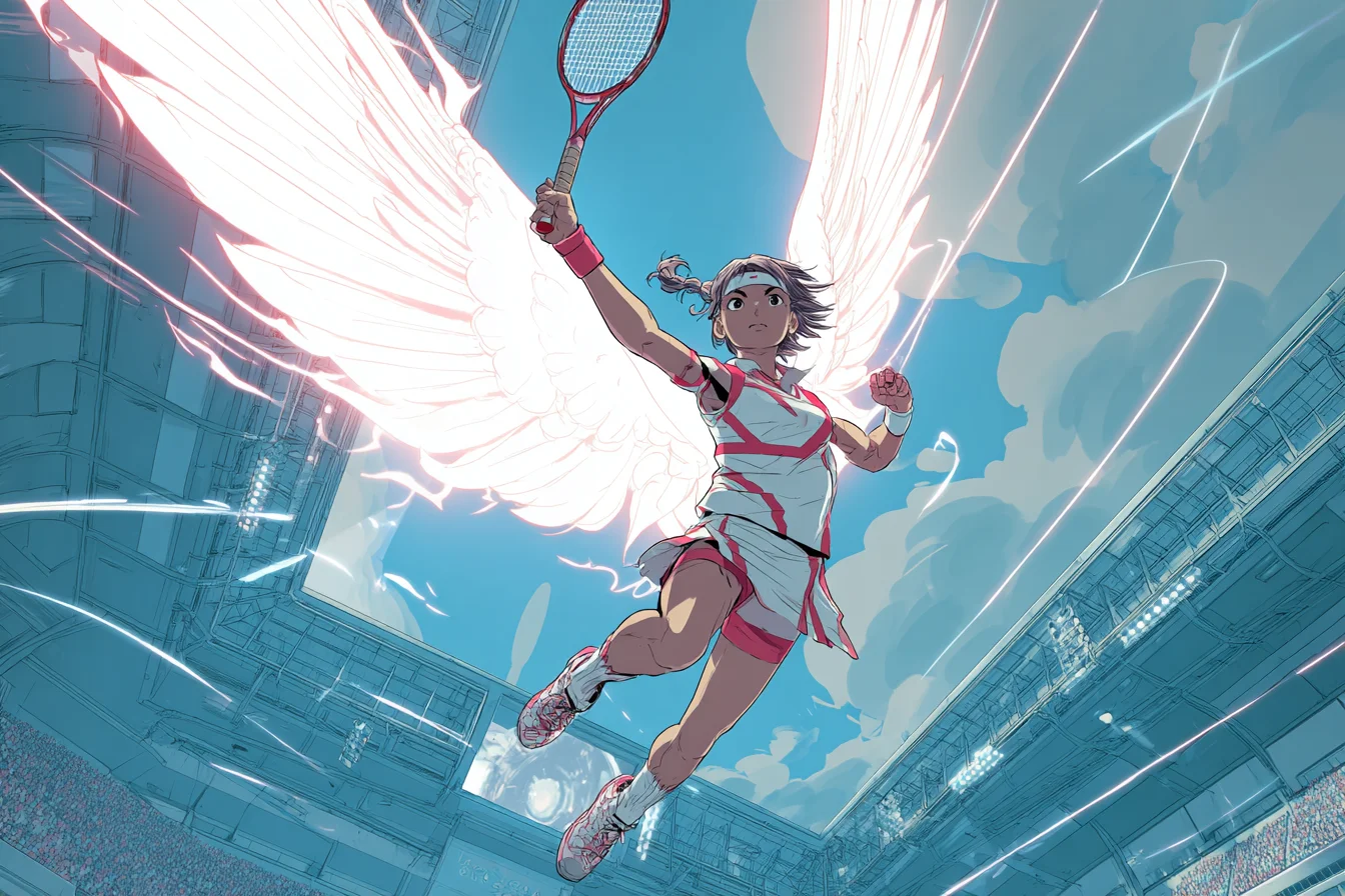Female tennis player with glowing wings soaring above a stadium court, symbolizing Judy Murray’s statement that parents should give their sons and daughters wings instead of bringing them down