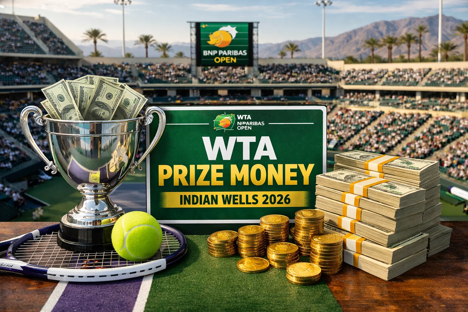 WTA Indian Wells prize money 2026 image with trophy, cash and tennis gear at the BNP Paribas Open stadium