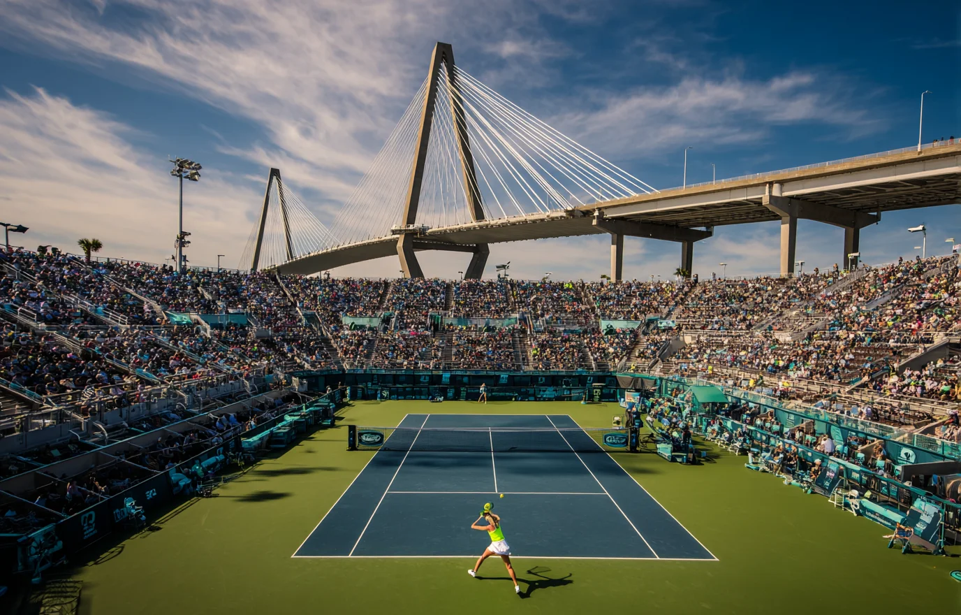 Female tennis player serving at the Charleston Open with Arthur Ravenel Jr. Bridge towering above the packed stadium in Charleston South Carolina