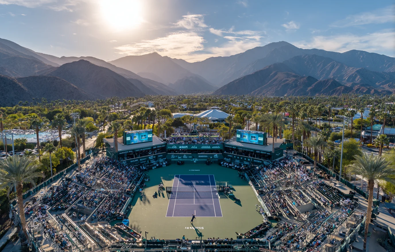 Aerial view of the Indian Wells Tennis Garden during the WTA 2026 draw week, with a packed stadium court surrounded by palm trees and the California desert mountains.