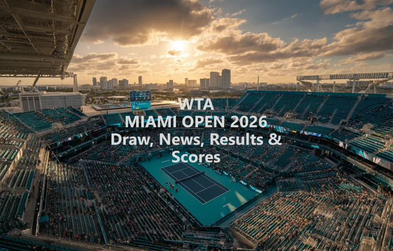 Hard Rock Stadium during the WTA Miami Open 2026 showing the main court and crowd with the Miami skyline at sunset, representing the tournament draw, news, results and live scores
