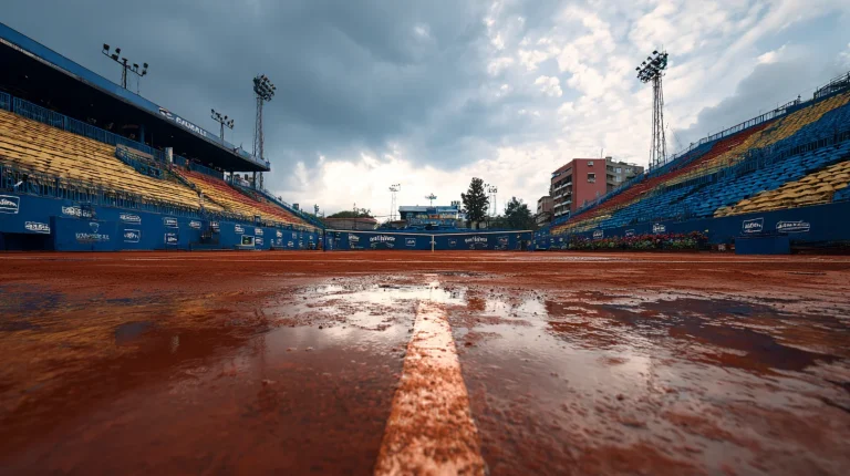 wet clay tennis court during WTA tournament with empty stands and cloudy sky