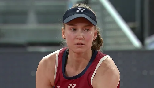 Elena Rybakina looks focused during a tense moment after an umpire debate at the Madrid Open 2026