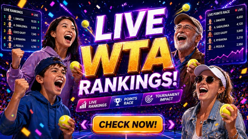 Live WTA rankings graphic with excited tennis fans of all ages cheering in a stadium, showing current standings and points race leaderboard