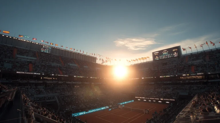 Caja Mágica stadium in Madrid during sunset with clay court and full crowd at the WTA Madrid Open 2026 tournament