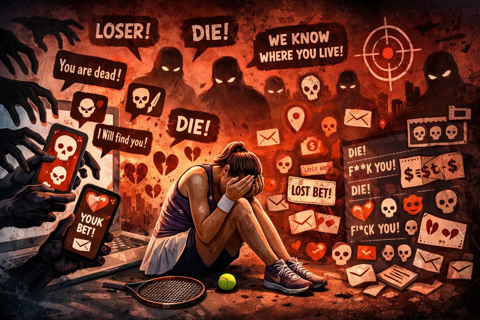 Female tennis player overwhelmed by online abuse and death threats after a loss, highlighting WTA betting-related harassmen