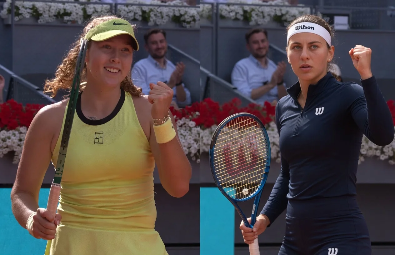 Mirra Andreeva (left) and Marta Kostyuk (right), the two finalists of the WTA Madrid 2026 tournament, celebrating on court