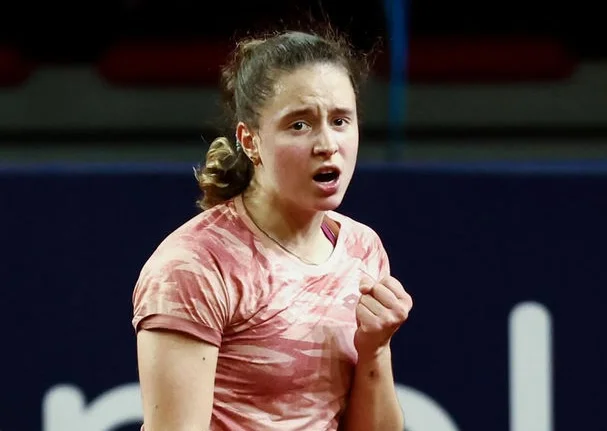 Veronika Podrez reacts during a match in her first WTA main draw appearance and run to her first final.