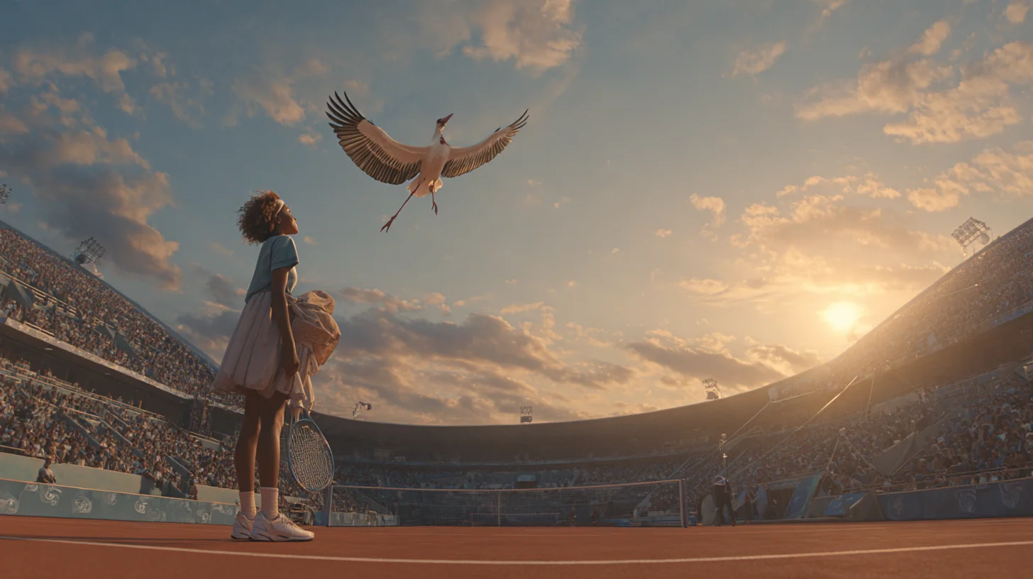 Female tennis player on clay court at sunset as a stork delivers a baby, symbolizing motherhood in WTA tennis