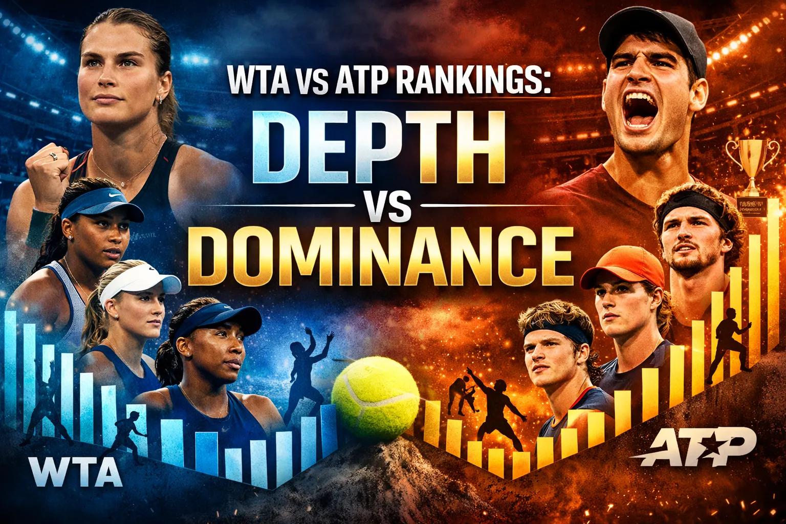 WTA vs ATP rankings comparison showing depth in women’s tennis versus dominance in men’s tennis with top players like Sabalenka and Alcaraz