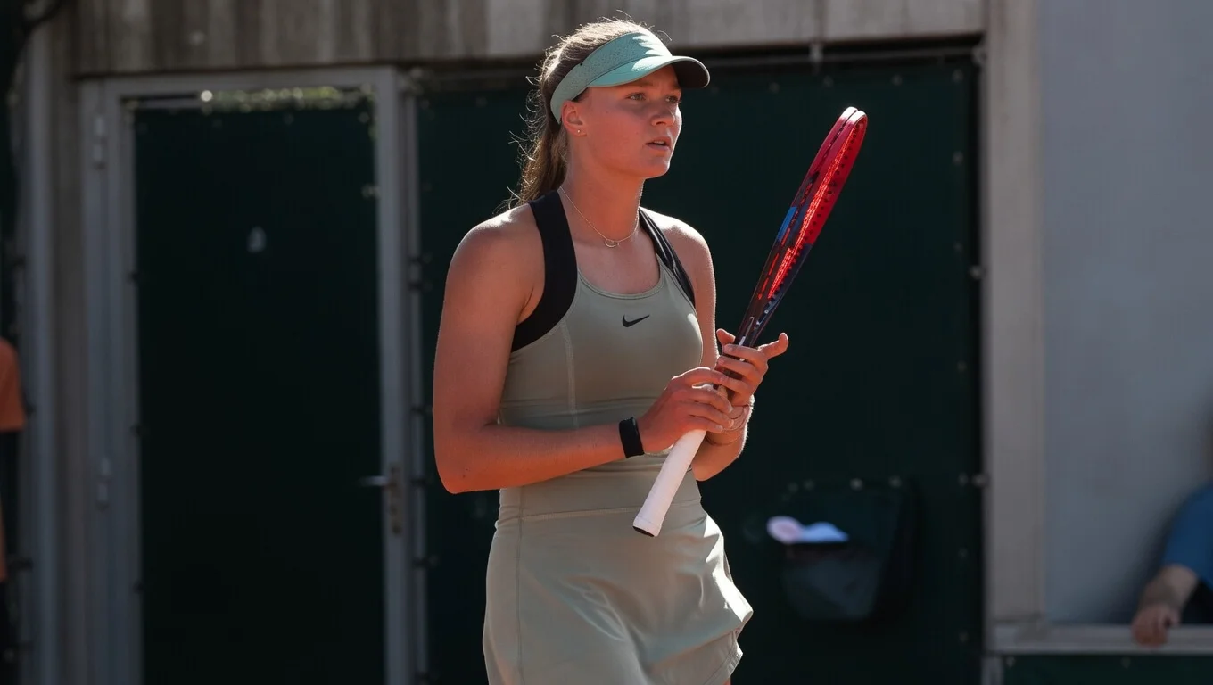 Teenage tennis player Alina Korneeva standing on a red clay court holding her racket, wearing a light green Nike outfit and visor