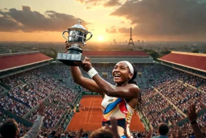 Coco Gauff celebrating her 2025 Roland Garros victory, holding the Coupe Suzanne Lenglen trophy high on the red clay courts of the French Open in Paris at sunset