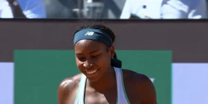 Coco Gauff smiling during her match at the 2026 Rome Italian Open tennis tournament