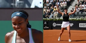Coco Gauff smiling on the left and Elina Svitolina celebrating on the right in a side-by-side collage for the 2026 Internazionali BNL d'Italia final in Rome on clay