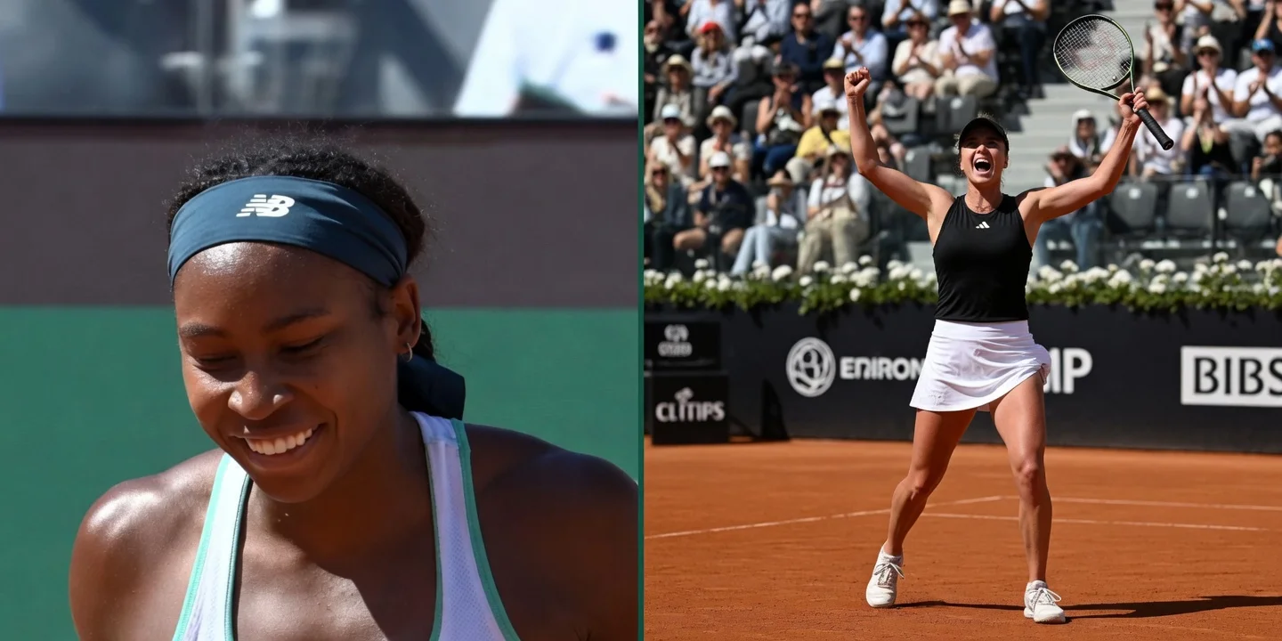 Coco Gauff smiling on the left and Elina Svitolina celebrating on the right in a side-by-side collage for the 2026 Internazionali BNL d'Italia final in Rome on clay