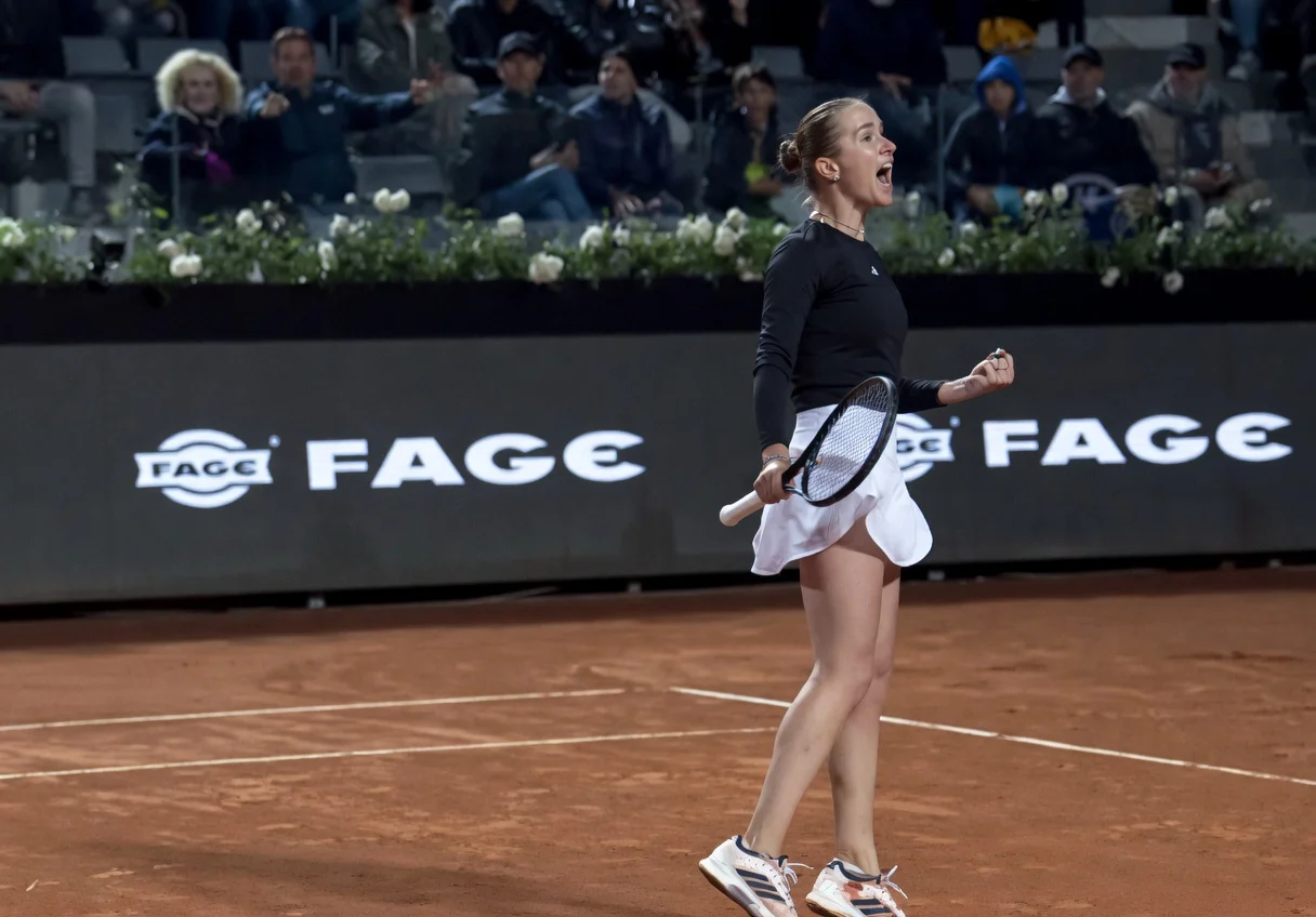 Elena Svitolina celebrates with a fist pump after defeating Elena Rybakina in the quarterfinals of the 2026 Rome Open on clay