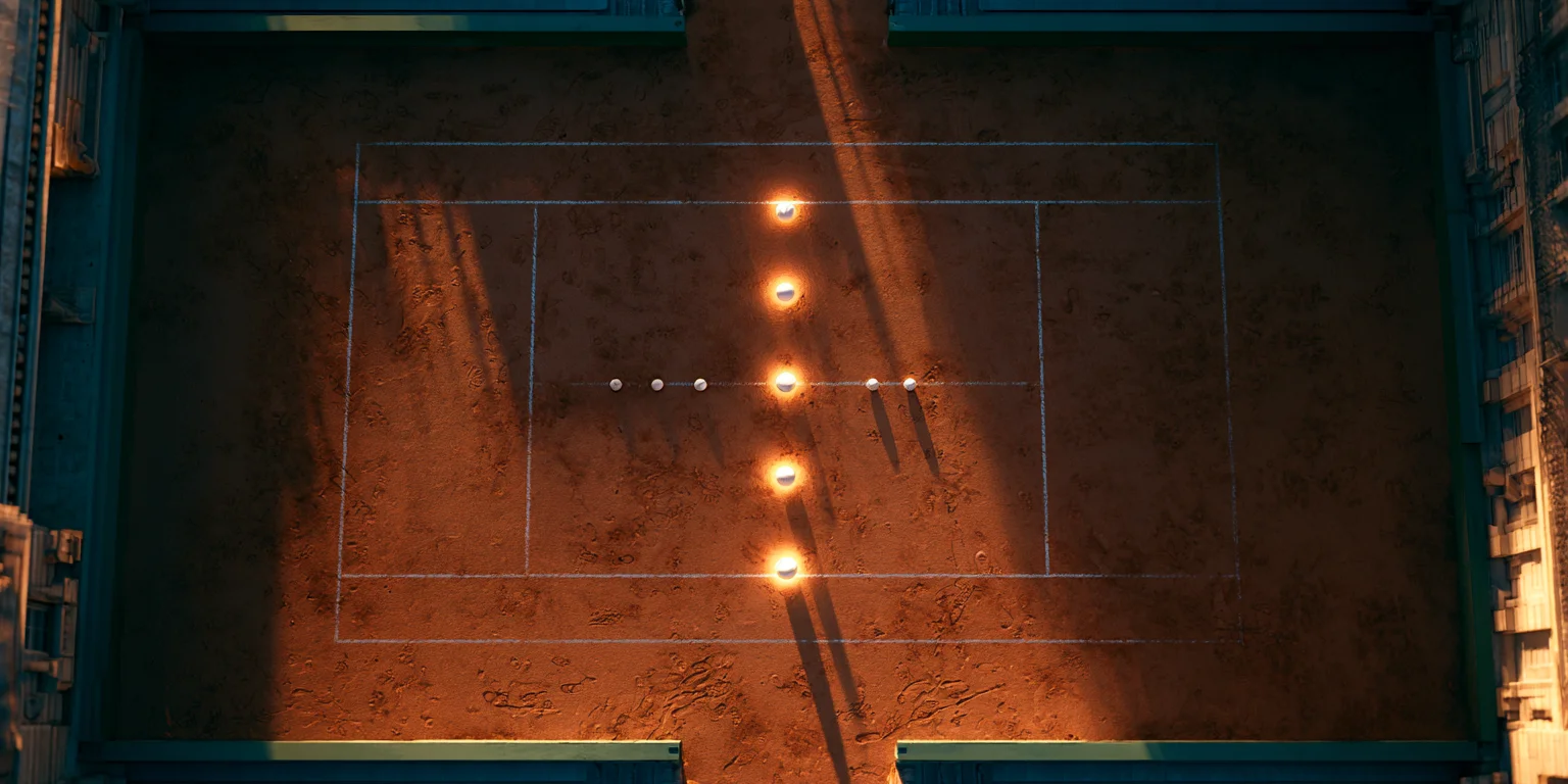 Overhead view of a red clay tennis court with five glowing tennis balls and several white balls arranged like a tournament bracket.