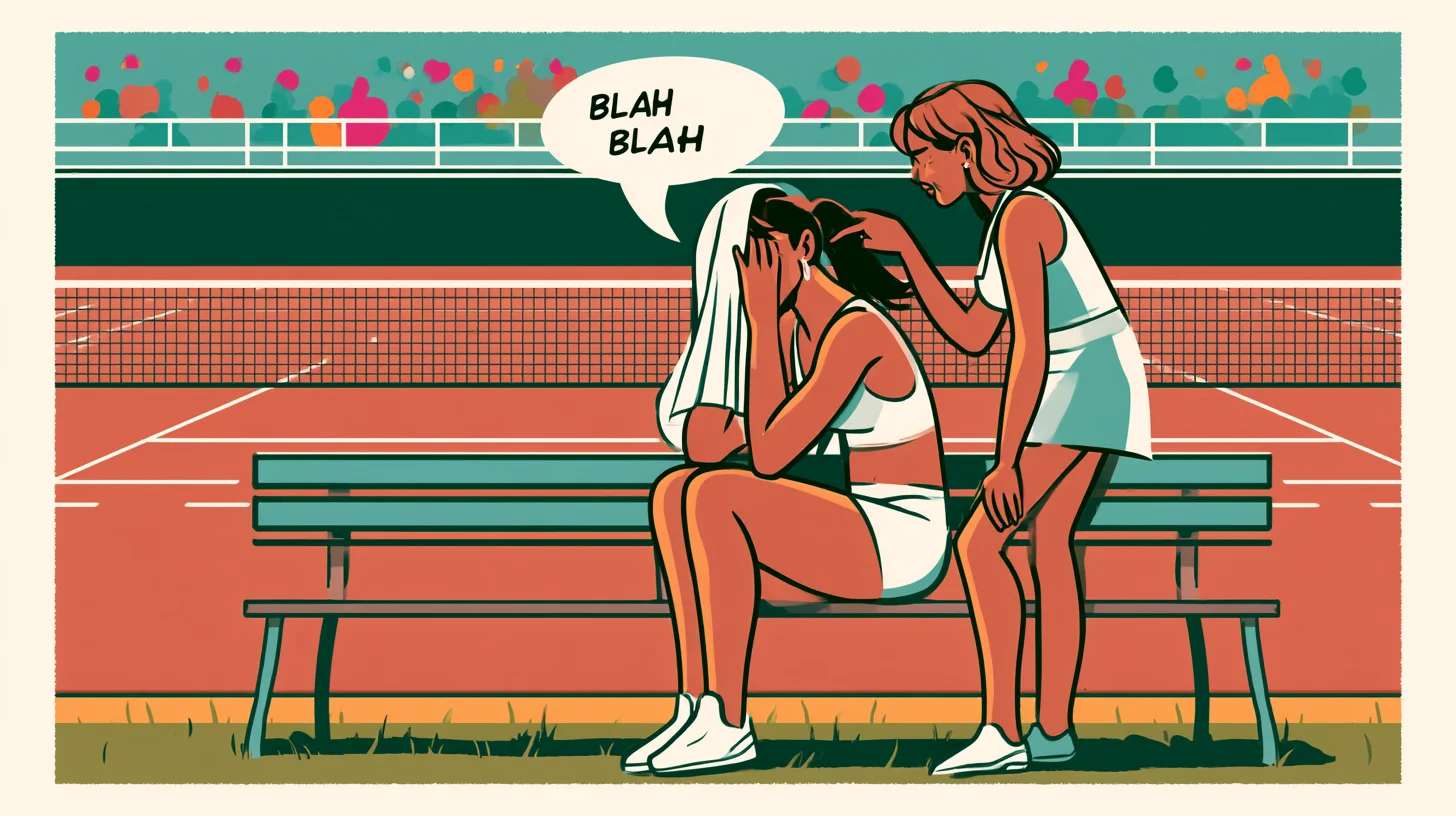 Distressed female tennis player sitting on bench with towel over head while another woman talks into her ear on a clay court