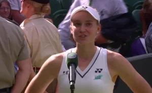 Elena Rybakina speaks during her on-court interview after a Wimbledon 2026 match on Centre Court.