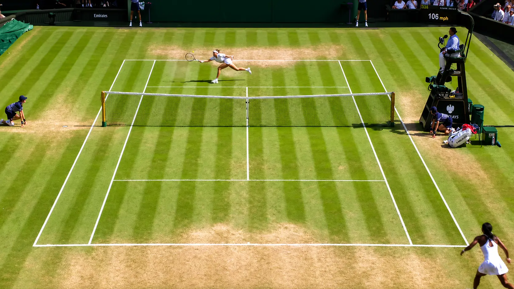 Karolina Muchova dives full stretch to reach the ball during the tie-break at Wimbledon 2026, moving 5-3 ahead with a spectacular winner.