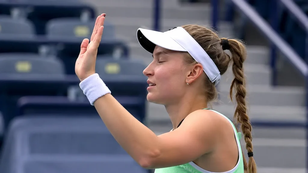 Elena Rybakina acknowledges the crowd after reaching the next round in Cincinnati
