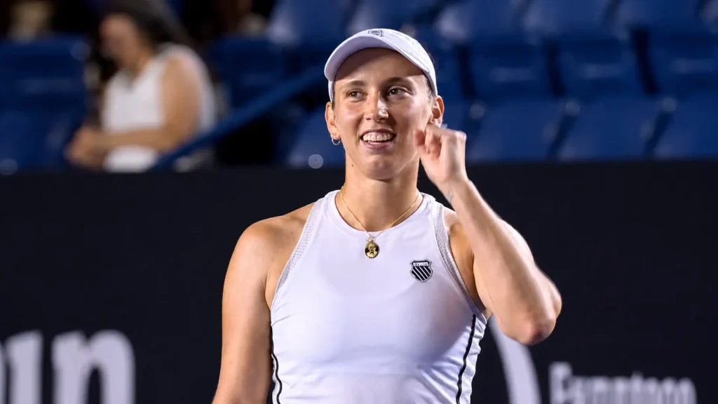 Elise Mertens celebrates after reaching the final at the 2026 Monterrey Open