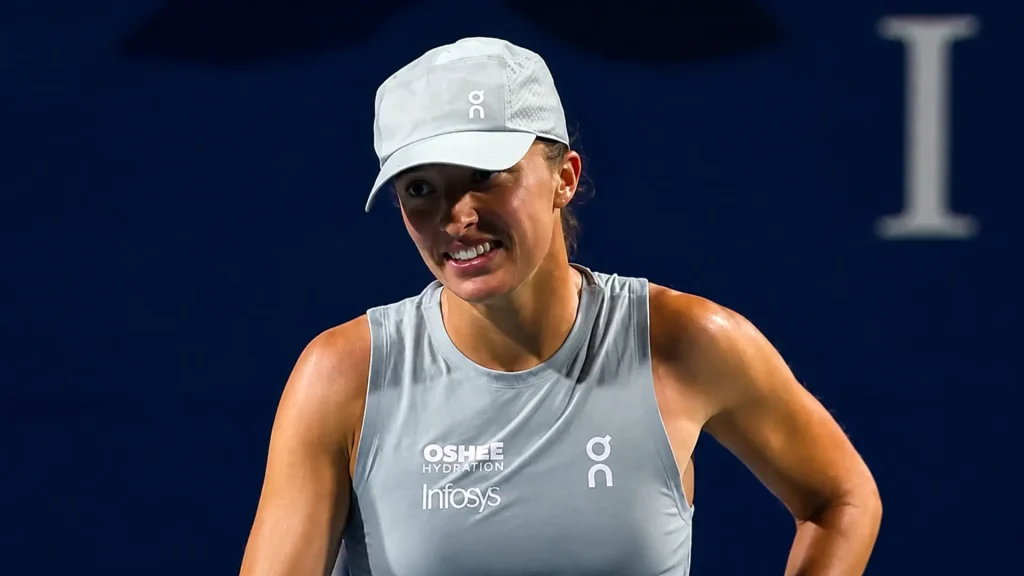 Iga Swiatek celebrates after reaching her first final of the 2026 season at the Canadian Open