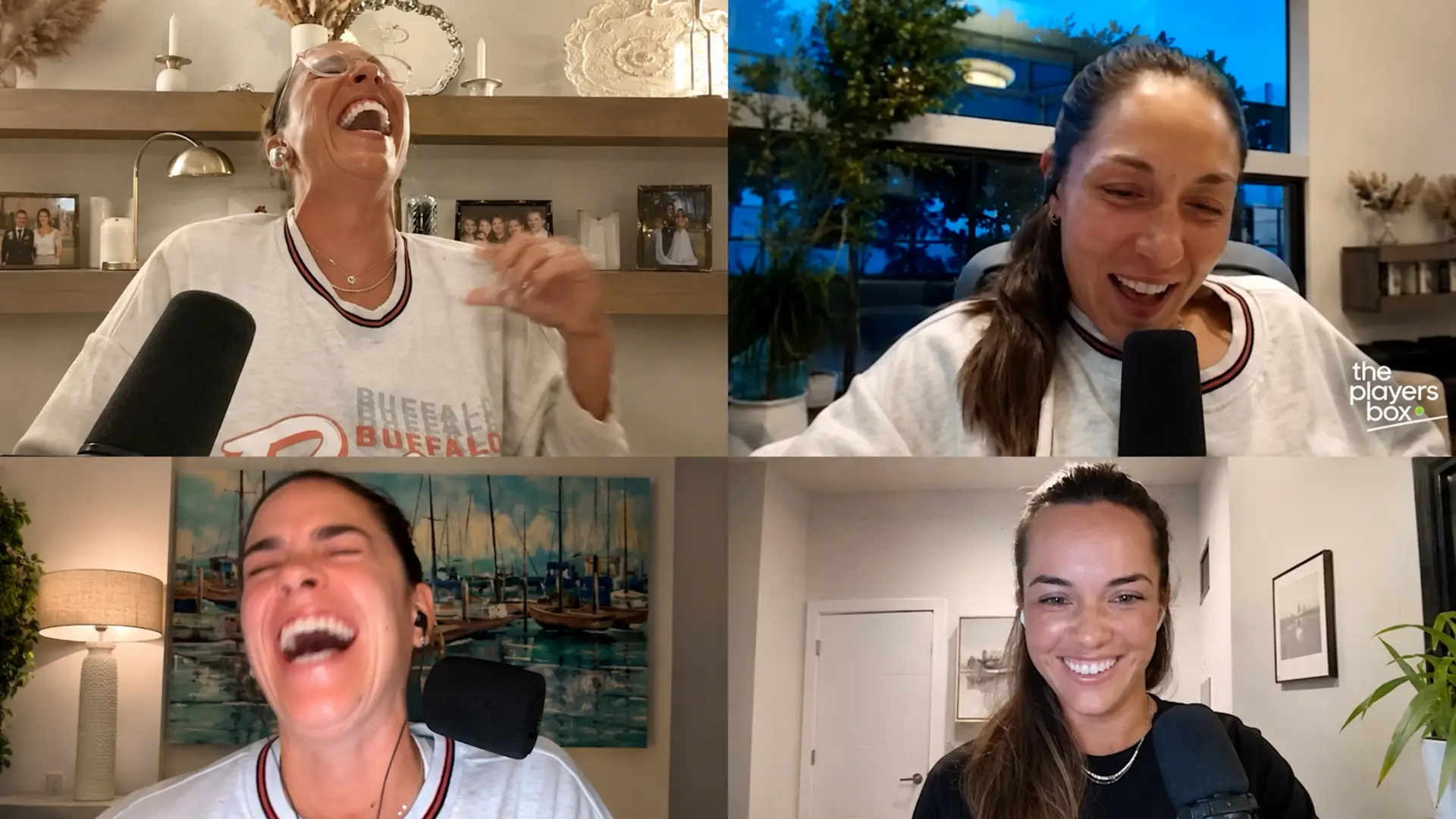 Madison Keys, Jessica Pegula, Jennifer Brady and Desirae Krawczyk laugh together during Brady’s hilarious ad read