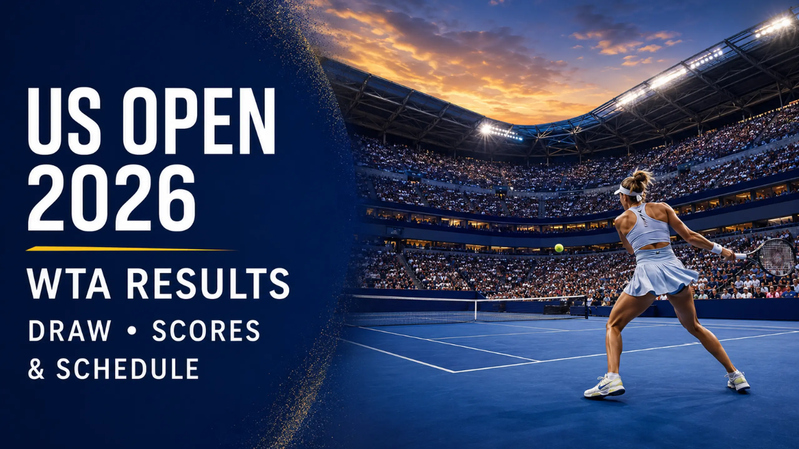 US Open 2026 WTA results, draw, scores and schedule graphic with a women’s tennis player on court at Arthur Ashe Stadium