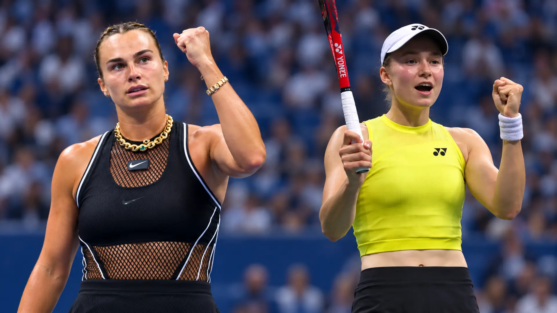 Aryna Sabalenka and Elena Rybakina pictured side by side ahead of the 2026 US Open women’s singles final.