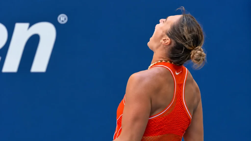 Aryna Sabalenka reacts on court during the 2026 US Open in New York