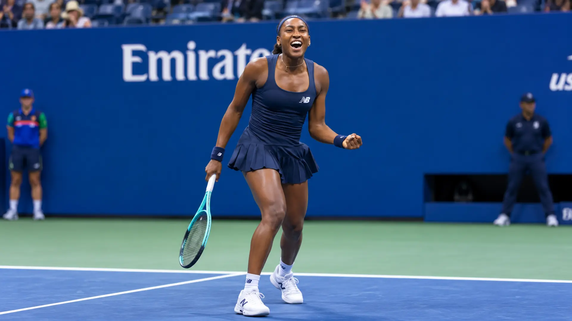 Coco Gauff celebrates after reaching the quarterfinals of the 2026 US Open