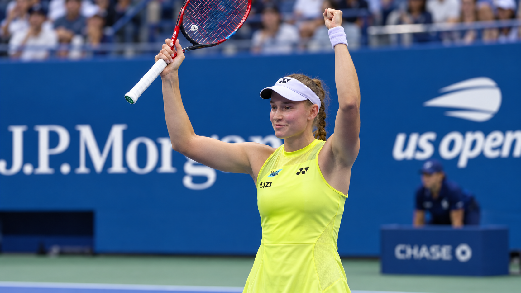 Elena Rybakina celebrates after converting her second match point against Aryna Sabalenka to win the 2026 US Open final