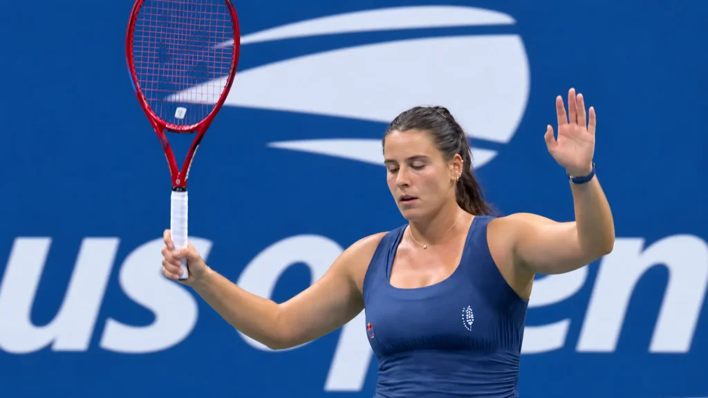 Emma Navarro reacts during her match at the 2026 US Open in New York